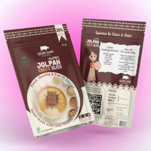 Choco Bliss Jolpan Pouch in a minimilastic background ; Chocolate Jolpan ;assamese jolpan