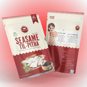Sesame Til pitha; Assamese pitha;til pitha pouch in a miinimilastic background