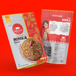 Nimka ; traditional spicy assamese namkeen ; buy online ; Nimka pouch is minimalistic red background