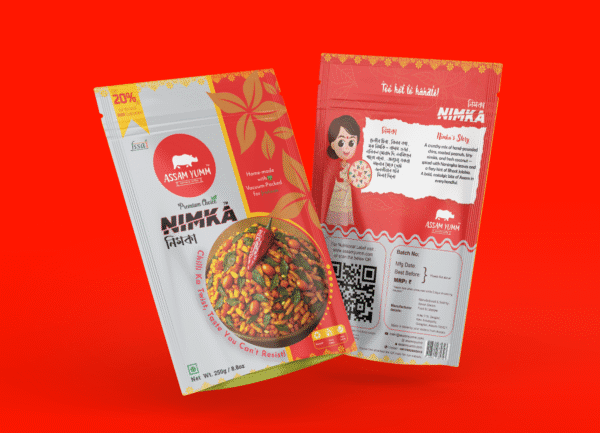 Nimka ; traditional spicy assamese namkeen ; buy online ; Nimka pouch is minimalistic red background