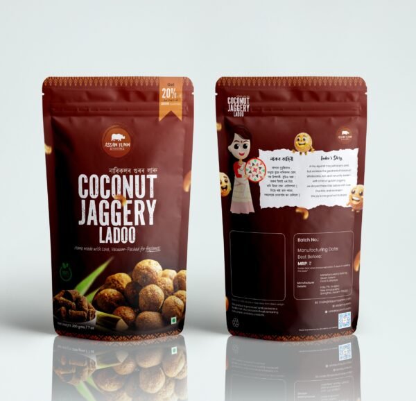 Pouch of Coconut Jaggery ladoo ; coconut jaggery ladoo ; Gur ladoo ; assamese sweets